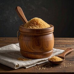 Brown sugar overflows from a wood pot; spoons flank it