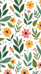 A vibrant floral pattern featuring orange and pink flowers, green leaves, and small dots on a white background