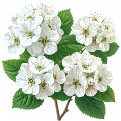 White blossoms with green leaves on twig