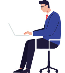 Illustration of a man wearing glasses, a suit, and a red tie, sitting on a chair and typing on a laptop.