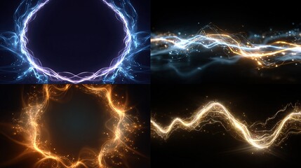Electric streams and particles glow in blue and golden hues, set against dark backgrounds