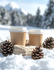 Two cups and pinecones in snow with mountains backdrop