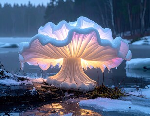 Glowing mushroom on log near water in winter landscape
