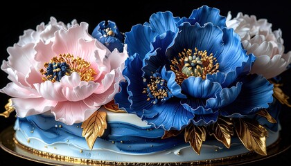 Cake adorned with large, colorful peony-like sugar flowers
