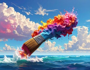 Paintbrush splashes color, wave, & sky vividly
