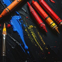 Crayons, brush and colorful paint splats on a dark surface