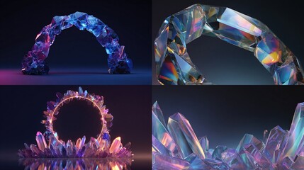 Crystal formations arch, circle, cluster shapes with iridescent and vibrant neon lighting