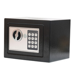 Black electronic safe with keypad and key lock isolated on transparent background designed for secure storage of valuables. Ideal for security, home safety, and product design themes.