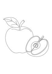 Vector line art of apple and cut half, simple outline drawing for coloring pages, kids activity, education, healthy food theme, modern minimal style.