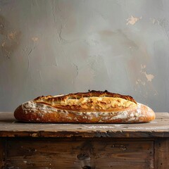 Sourdough loaf on rustic wood, textured backdrop