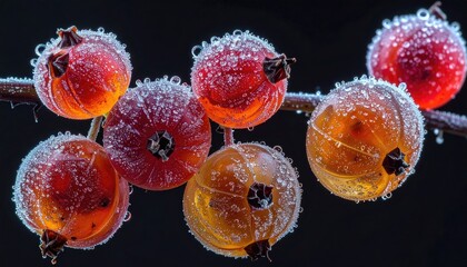 Frosted berries on a branch, glowing red & orange