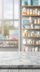 Empty marble countertop with shelves of various bottles and containers in a bright modern kitchen