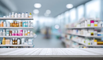 Empty pharmacy shelf with various medication bottles in a brightly lit store aisle