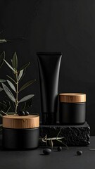 Black skincare products with olive branch on dark backdrop