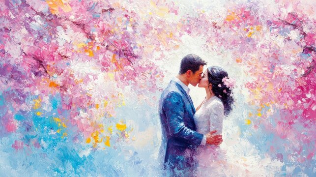A romantic composition featuring a couple sharing a passionate kiss under a beautifully blooming cherry blossom tree, emphasizing the colors and textures of spring. The blossoming branches extend