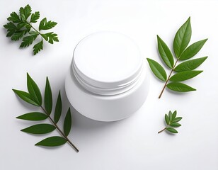 Cream jar with leaves, on white background