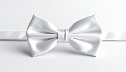 White satin bow tie centered, on a bright white background