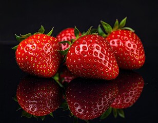 Red strawberries reflecting, on black, glossy surface