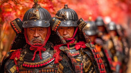 Obraz premium Samurai in Black Traditional Armor with Red Accents Participating in Hakone Daimyo Gyoretsu Festival Parade in Japan