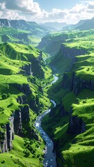 Lush green canyon with river, cliffs, and rolling hills