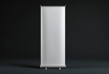 Empty vertical roll-up banner stand with a plain white on a dark