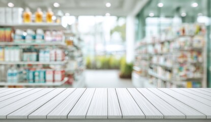 Empty retail shelf in pharmacy or drugstore with blurred of products and aisles