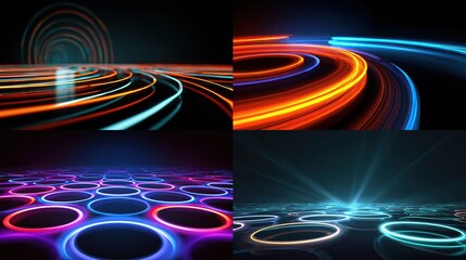 Abstract images glowing rings and light trails against a dark background