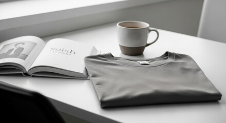 Flat Lay Minimalist Grey T-Shirt Next to Open Book and Coffee Mug on White Desk
