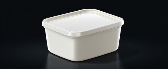 Empty white plastic container with a lid on a dark reflective