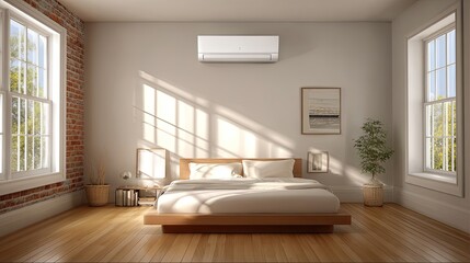 Fototapeta premium Serene Modern Bedroom Design Featuring Fresh Natural Light and Minimalist Aesthetic with Air Conditioning Unit