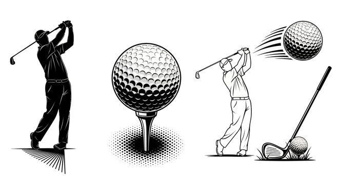 Vector illustration showing a golfer swinging, a golf ball on a tee, and a golf ball being hit with a club.