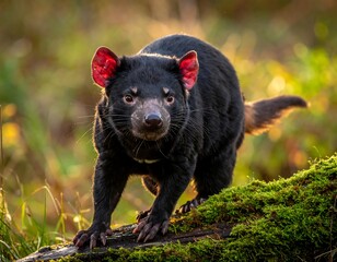 Black marsupial on mossy log