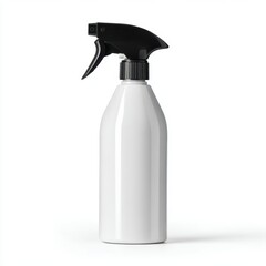 Empty white spray bottle with black nozzle on a plain for cleaning or gardening