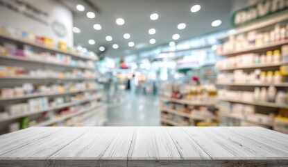 Empty wooden table in front of blurred pharmacy shelves with various products in store