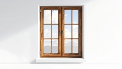 Wooden framed window with a bright, sunny outdoor view through the glass panes, showcasing a blue sky and distant mountains, mounted in a white interior wall with natural light creating shadows.