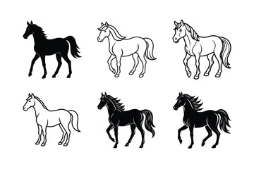 Horse Silhouette and Outline Vector Illustrations – Wild & Domestic Animal Graphic Set