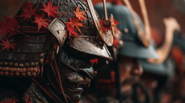 Close-Up of Samurai Helmet with Autumn Maple Leaves During Hakone Daimyo Gyoretsu Festival in Japan
