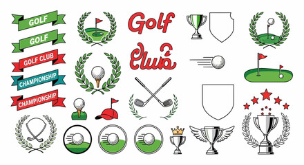 Collection of golf-related vector graphics featuring banners, laurels, trophies, golf balls, flags, and golf clubs, suitable for logo design or promotional materials.