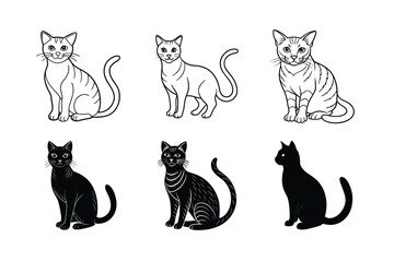 Cat Silhouette and Outline Vector Illustrations – Pet Animal Graphic Set