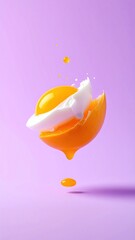 Floating halved egg, yolk dripping, on lilac background