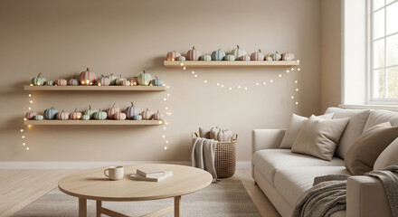 Cozy neutral living room with pastel pumpkins on floating shelves, twinkling fairy lights, and modern autumn fall decor.