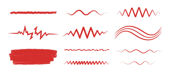 Red Brush Stroke Lines and Scribbles on White Background Set