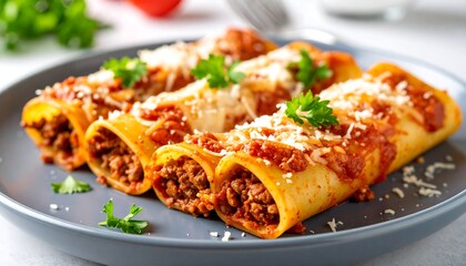Creamy meat-filled pasta rolls served on a plate