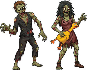 Cartoon zombie characters, funny undead couple, spooky Halloween illustration, green skin monsters, rubber chicken humor, creepy walking zombies, horror parody art
