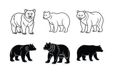 Bear Silhouette and Outline Vector Illustrations – Wild Animal Graphic Set