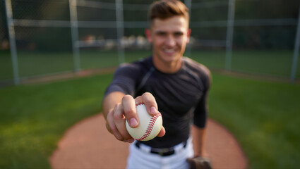 Smiling baseball player extends a baseball to the viewer on the pitchers mound during a sunny day game with a green grass background