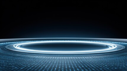 Futuristic digital landscape with glowing circular patterns and dark background.