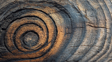 Fototapeta premium A macro shot captures the intricate spiral of a burnt wood knot revealing its rough texture and concentric growth rings