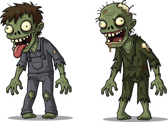 Cartoon zombie characters, funny undead illustration, creepy monster artwork, horror humor design, spooky Halloween drawing, grotesque comic zombies, scary cartoon art