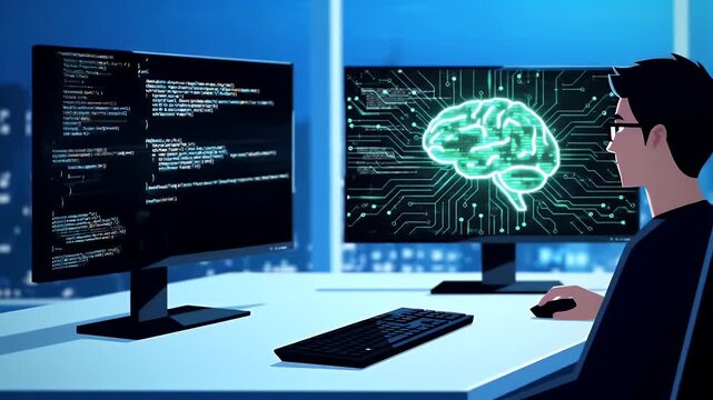 Person Working on Computers with Artificial Intelligence Graphic in Dark Blue Room Cityscape Background Displaying Code and Brain Animation for Technology and Software Concept